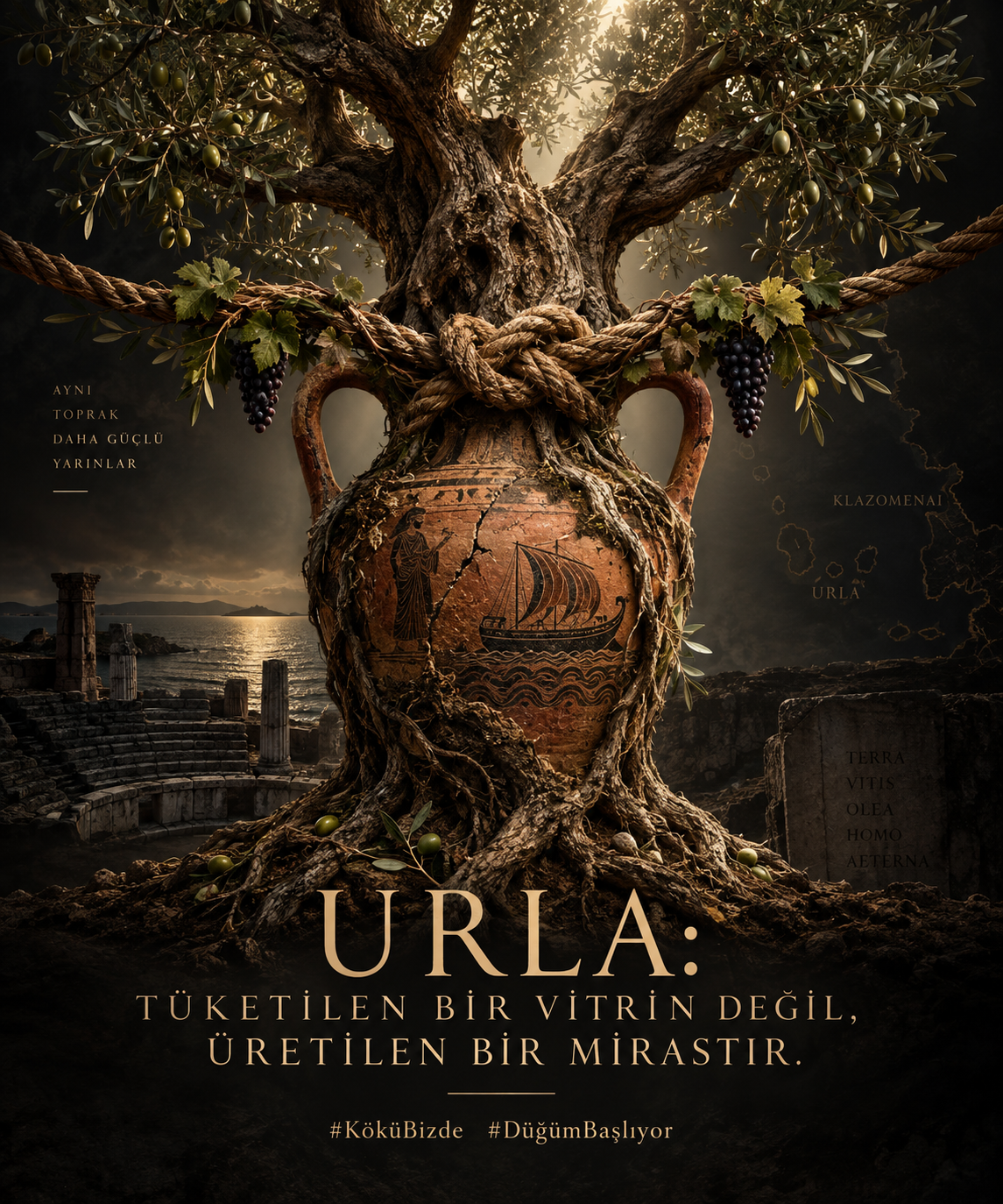 Urla manifesto serisinin zeytin, asma ve amphora illüstrasyonu